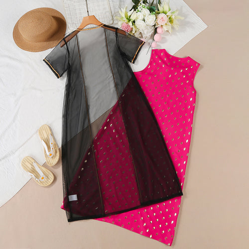 Girls Fuchsia Embroidered A-line Dress with Sheer Long Shrug Casual Dresses