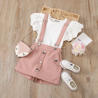 Girls Schiffli Flutter Sleeves Top With Peach Suspenders Skorts Sets Sets