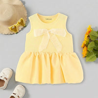 Girls Yellow Flared Sleeveless Mini Dress With Bow Detail Casual Dresses Yellow 1-2 Y