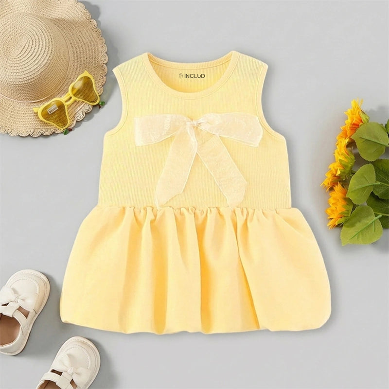 Girls Yellow Flared Sleeveless Mini Dress With Bow Detail Casual Dresses Yellow 1-2 Y