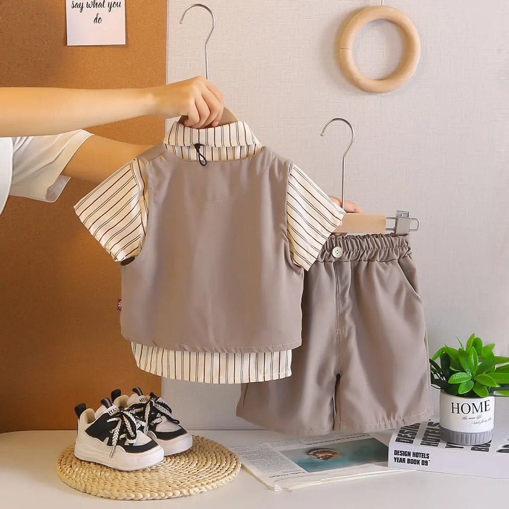 Boys Grey Vest & Shirt With Shorts & Neck Tie Sets Sets