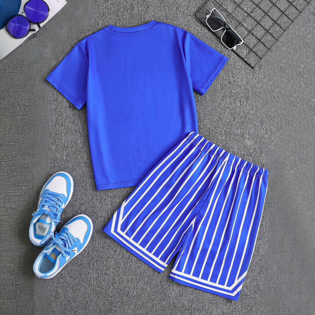 Boys Blue Alphanumeric Printed Short Sleeve T-Shirt With Shorts Set 2 pc. Sets