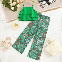 Girls Bright Green Ruffle Layered Top With Paisley Print Pants Set Sets