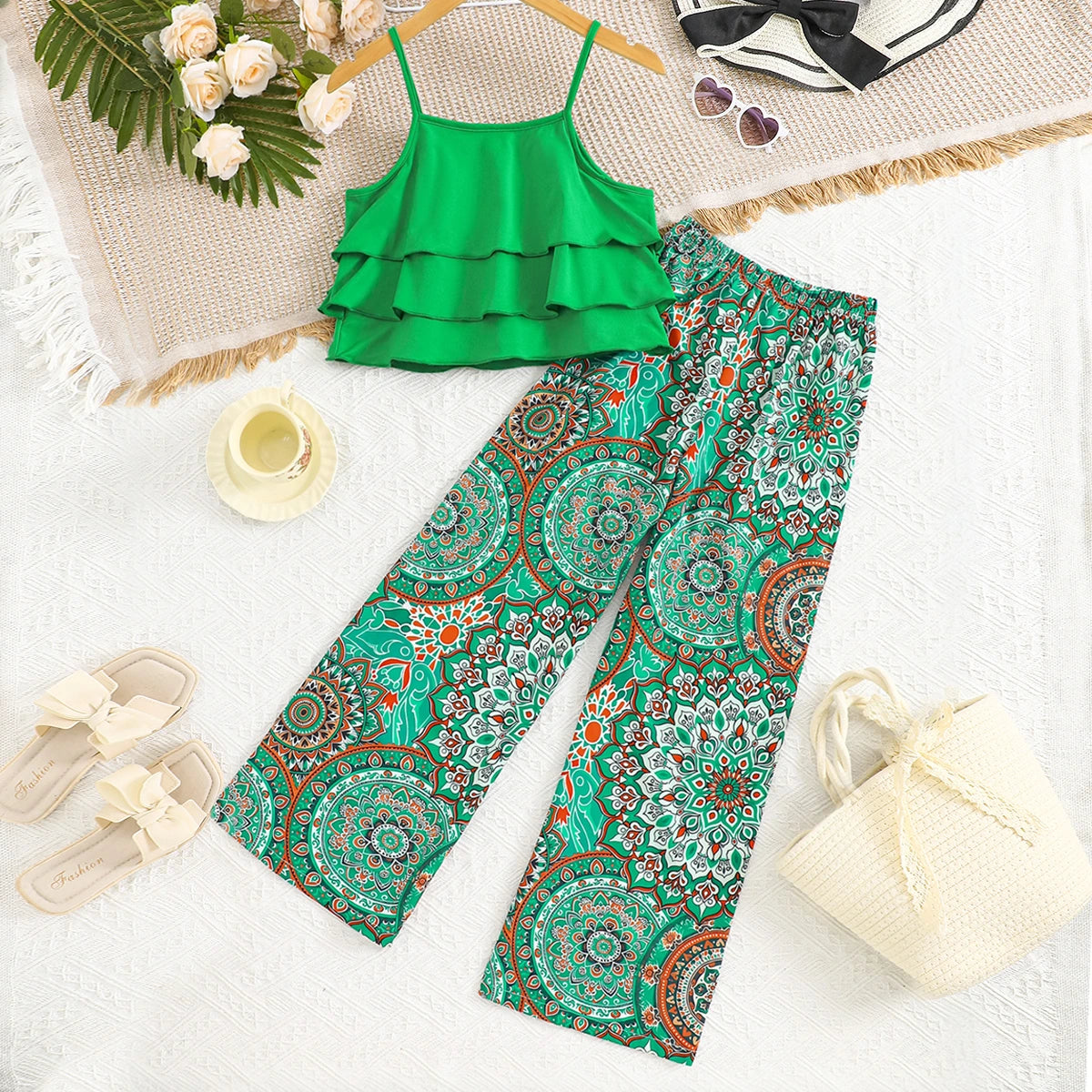 Girls Bright Green Ruffle Layered Top With Paisley Print Pants Set Sets