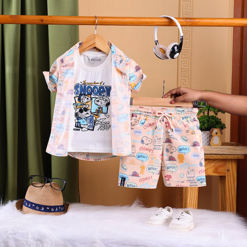 Boys Peach Graphic Printed Short Sleeves Shirt With T-Shirt And Printed Shorts Sets Sets Peach 6-12 M