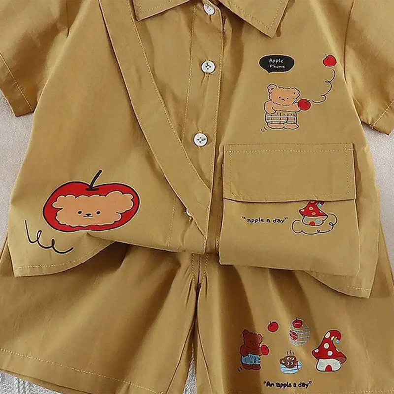 Boys Khaki Bear Graphic Shirt With Shorts Sets Sets