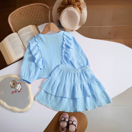Girls Blue Textured Ruffled Top with Tiered Skirt Sets 2 pc. Sets