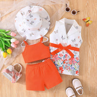 Girls Orange Butterfly Printed Waistcoat Top & Hat With Crop Top & Shorts Summer Set Sets Orange 2-3 Y