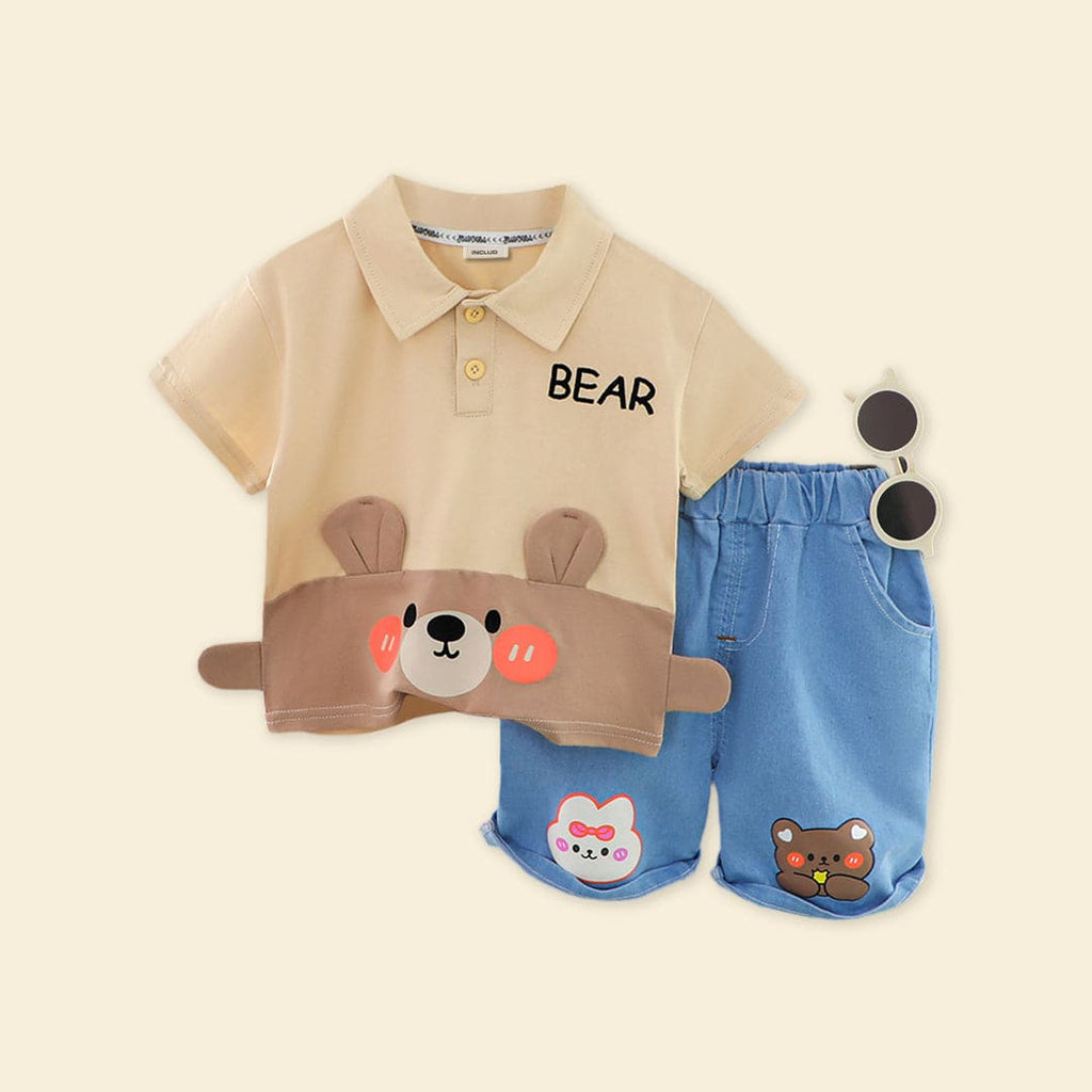 Boys Beige Bear Embroidery Polo T-Shirt With Denim Shorts Sets Brown 1-2 Y 