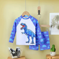 Boys Blue Dinosaur Printed Long Sleeves T-Shirt & Shorts Swimsuit Sets Sets Blue 3-4 Y