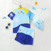 Boys Sky Blue Car Printed Short Sleeves T-Shirt & Shorts With Cap Swimsuit Sets Sets