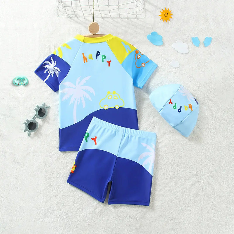 Boys Sky Blue Car Printed Short Sleeves T-Shirt & Shorts With Cap Swimsuit Sets Sets