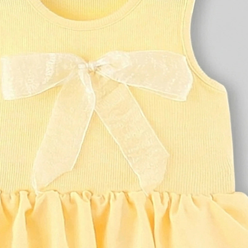 Girls Yellow Flared Sleeveless Mini Dress With Bow Detail Casual Dresses