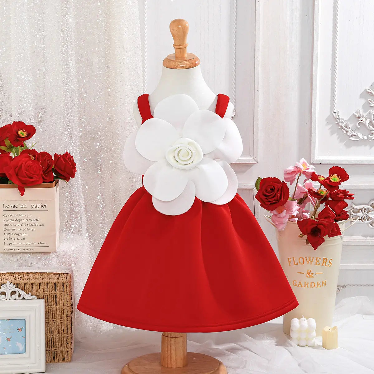 Girls Red Floral Applique Fit & Flare Party Dresses Party Dresses Red 2-3 Y