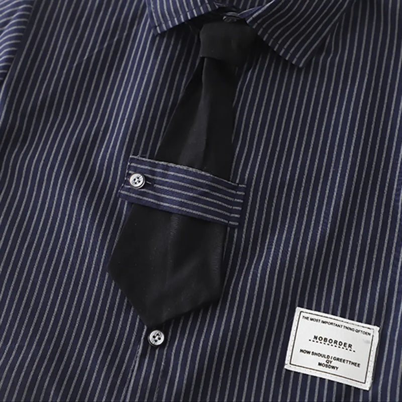 Boys Dark Blue Striped Button-Down Shirt With Shorts Sets Sets