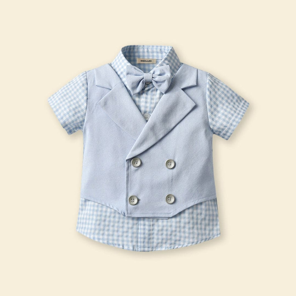 Boys Waistcoat Mock Checkered Shirt With Shorts Set Sets   