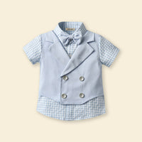 Boys Waistcoat Mock Checkered Shirt With Shorts Set Sets   