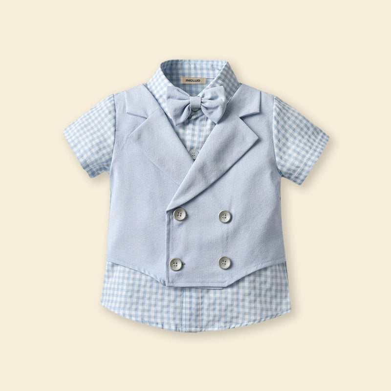 Boys Waistcoat Mock Checkered Shirt With Shorts Set Sets   