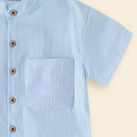 Boys Light Blue Solid Mandarin Collar Shirt With Stripes Patch Pocket Shirts