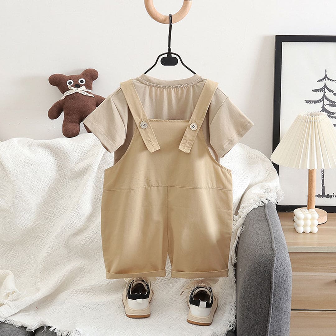 Boys Khaki Short Sleeve T-Shirt With Short Length Dungaree 2 pc. Sets   
