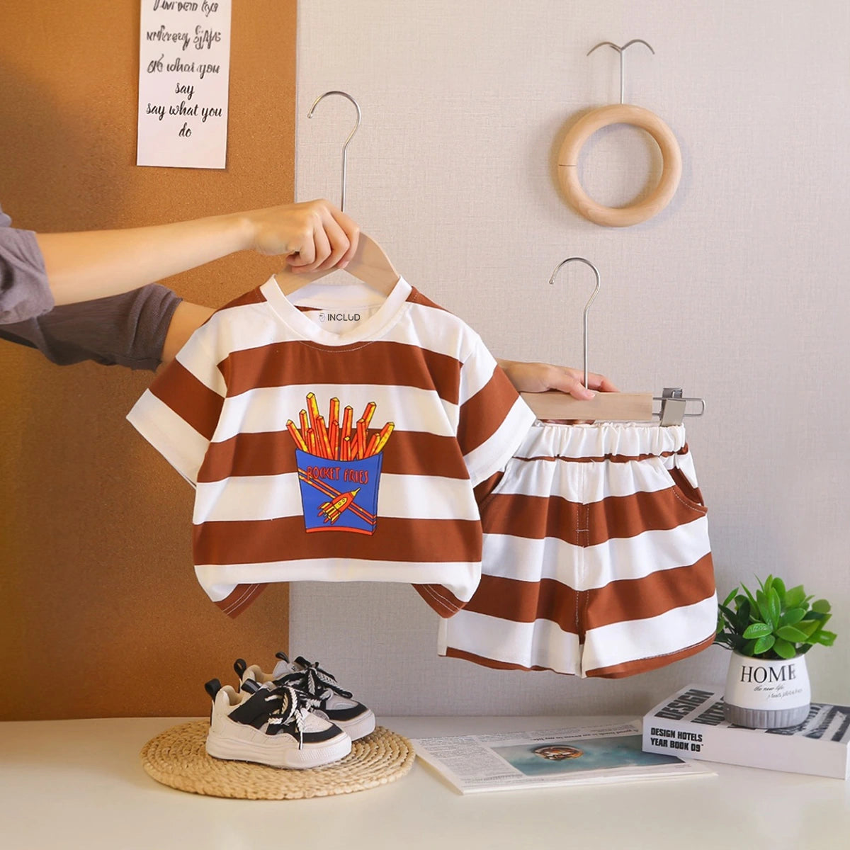 Boys Brown Rocket Fries Striped T-Shirt With Elasticated Shorts Sets 2 pc. Sets Brown 1-2 Y