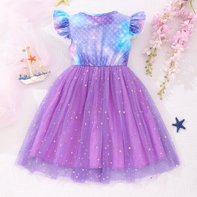 Girls Blue Printed Short Sleeve Fit & Flare Party Dress Party Dresses