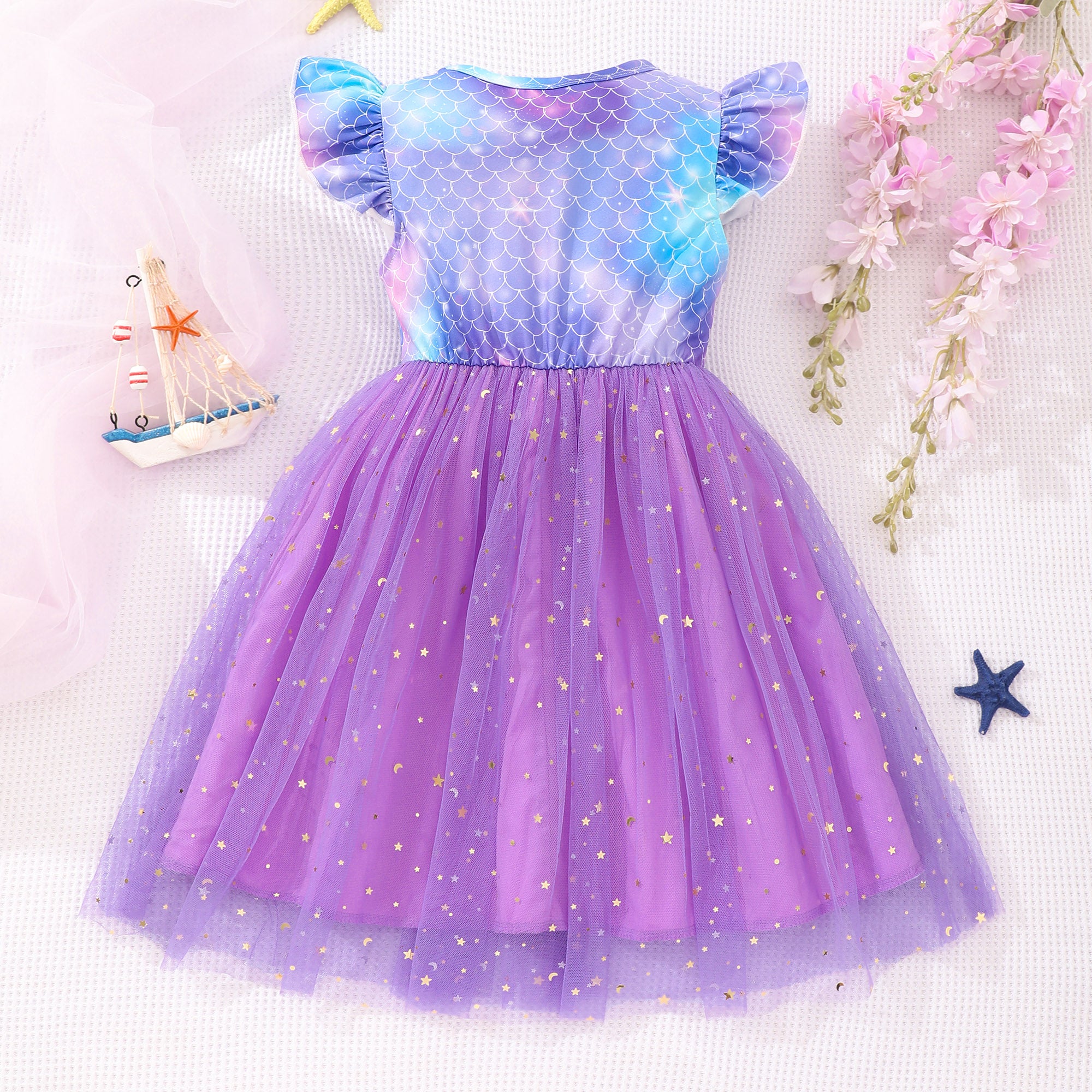 Girls Blue Printed Short Sleeve Fit & Flare Party Dress Party Dresses