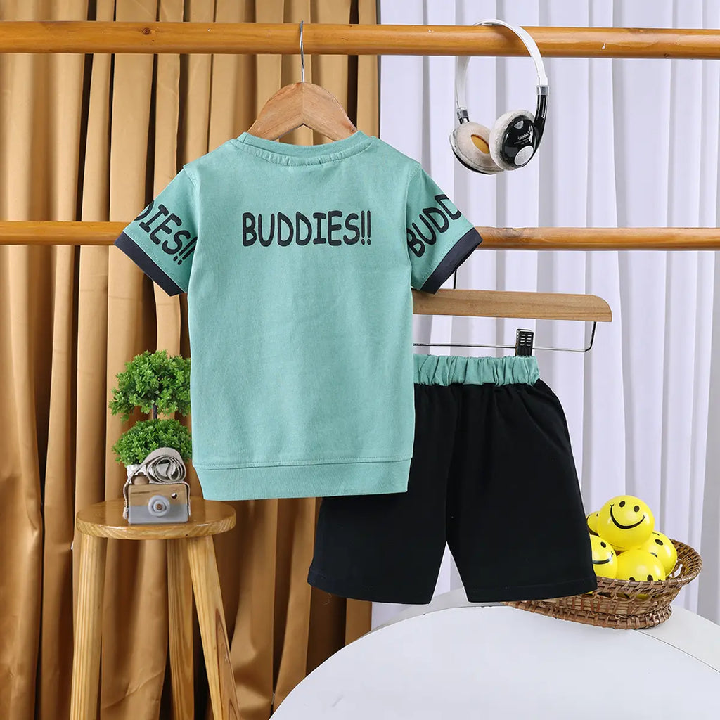 Boys Green Typographic Printed Short Sleeve T-shirts With Elasticated Shorts Sets Sets