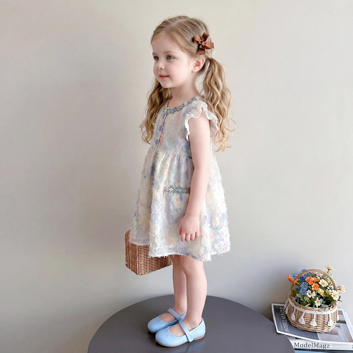 Girls Multicolour Floral Print Flutter Sleeve Flared Dress Casual Dresses