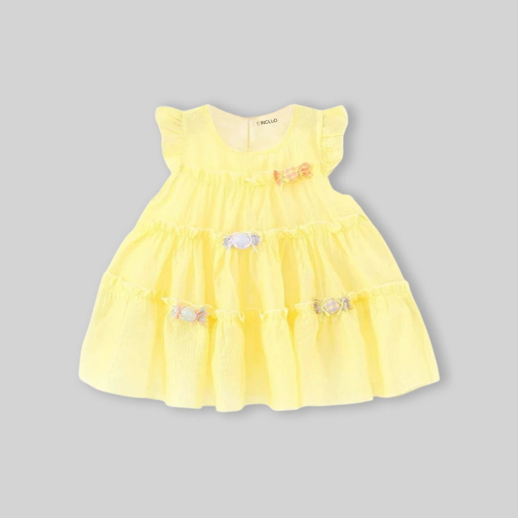 Girls Yellow Candy Applique Tiered A-Line Dress Casual Dresses