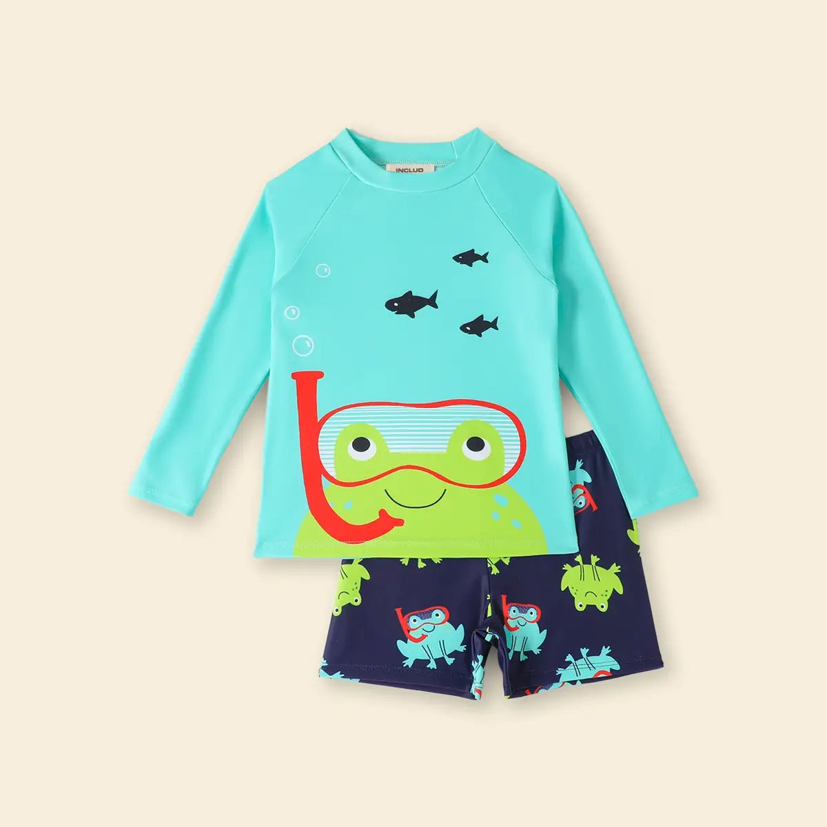 Boys Teal Frog Printed Long Sleeves T-Shirt & Shorts Swimsuit Sets Sets