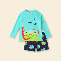 Boys Teal Frog Printed Long Sleeves T-Shirt & Shorts Swimsuit Sets Sets