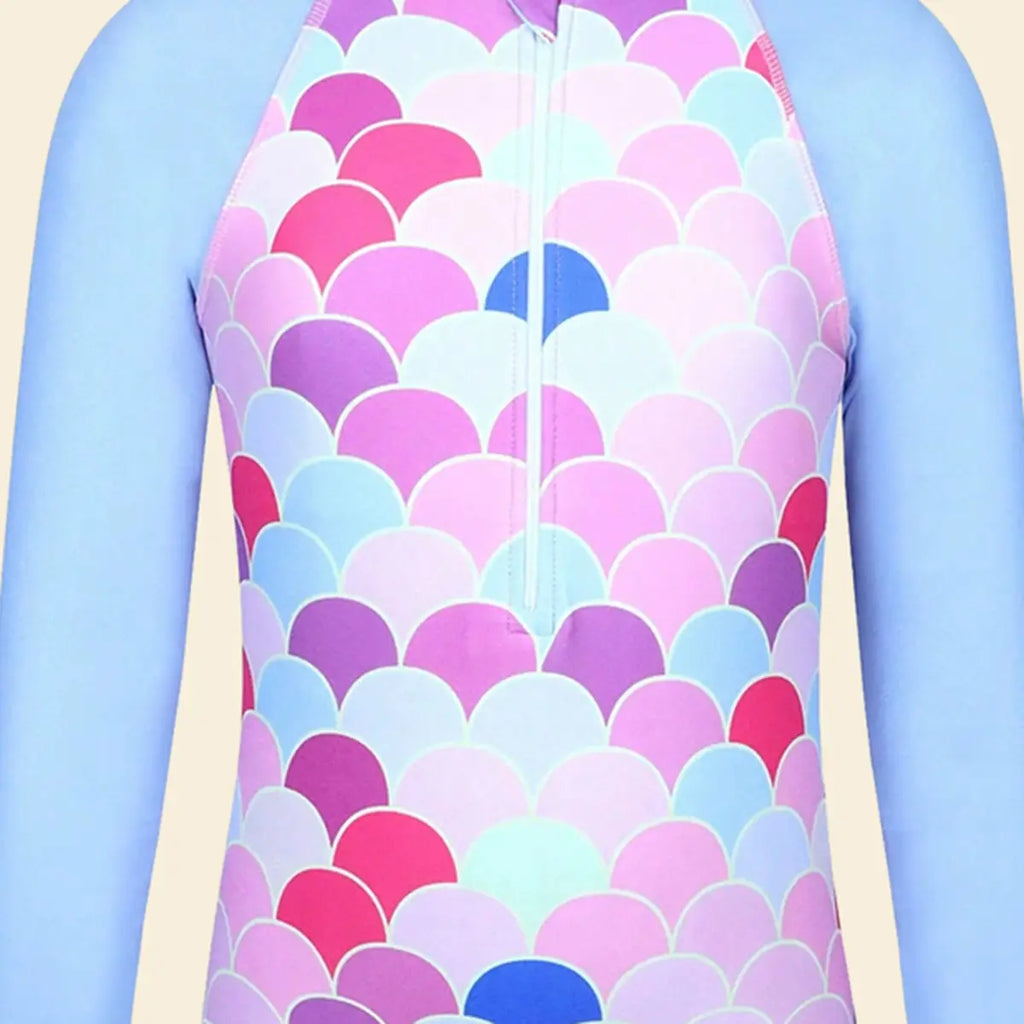 Girls Sky Blue Mermaid Printed Long Sleeves Swimwear Bodysuit Beachwear