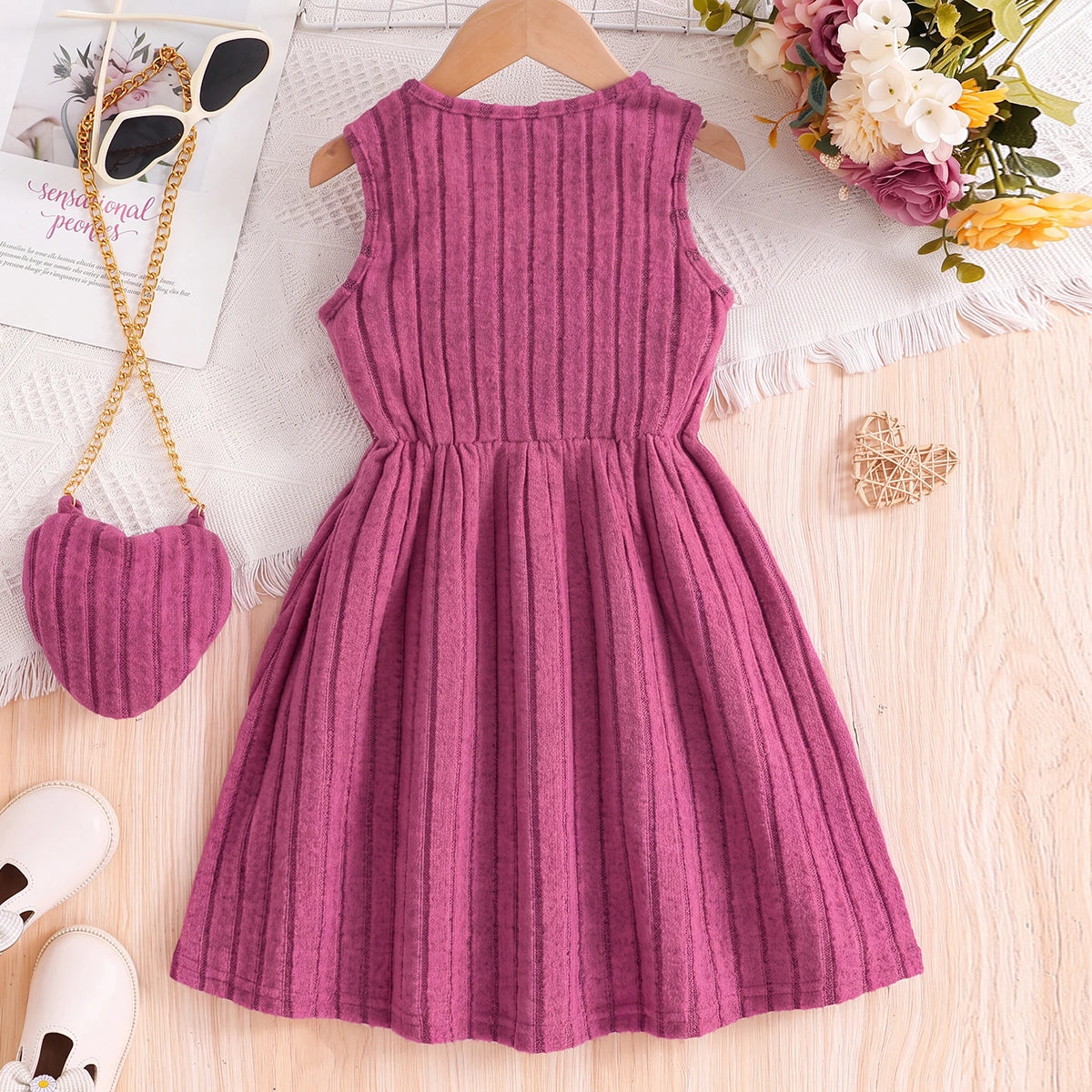 Girls Pink Textured Sleeveless A-line Dress Casual Dresses