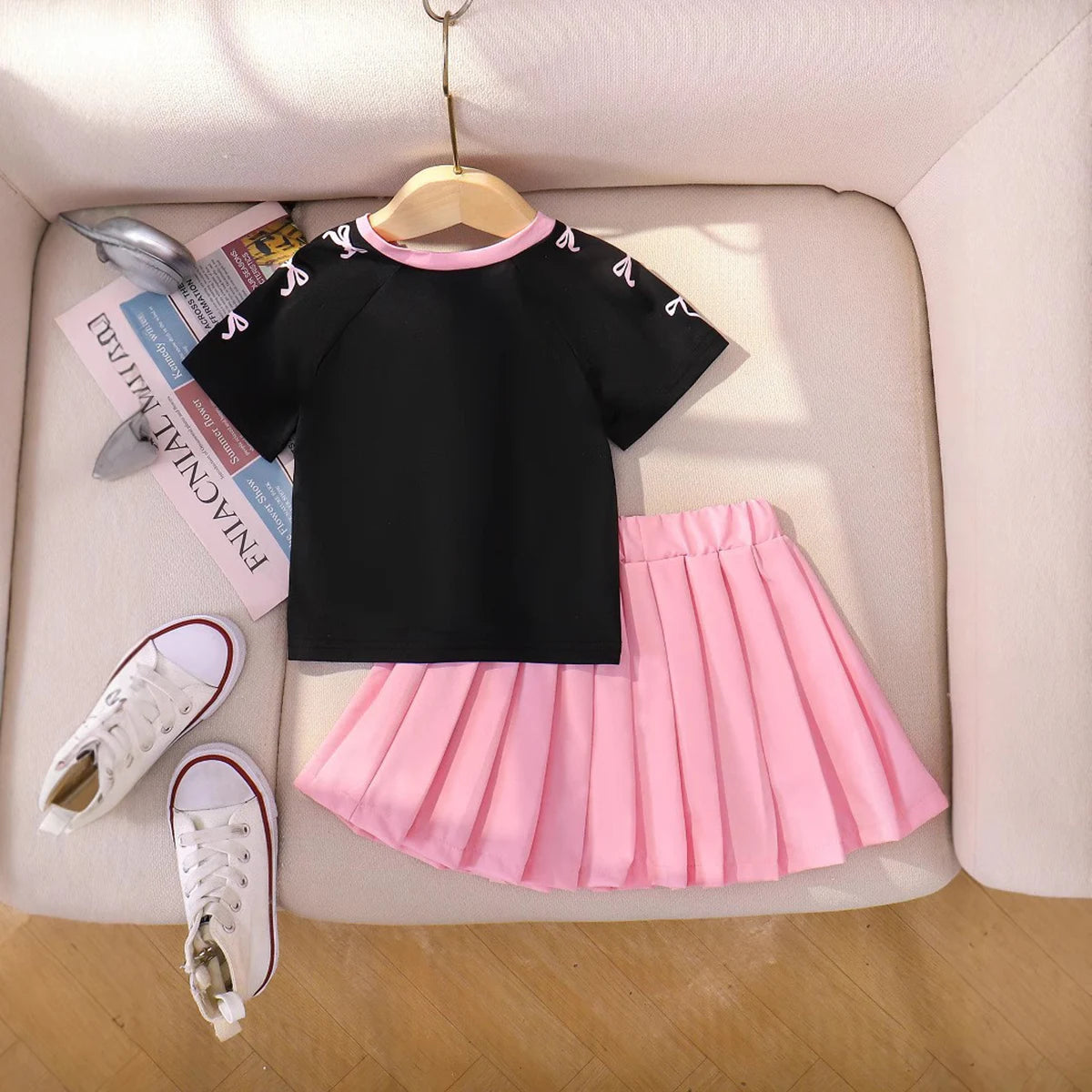 Girls Black Typographic Print Short Sleeve T-Shirt With Pleated Skirt Sets 2 pc. Sets