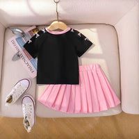 Girls Black Typographic Print Short Sleeve T-Shirt With Pleated Skirt Sets 2 pc. Sets