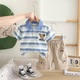 Boys Blue Striped Polo T-shirt with Khaki Shorts Set Sets Blue 1-2 Y