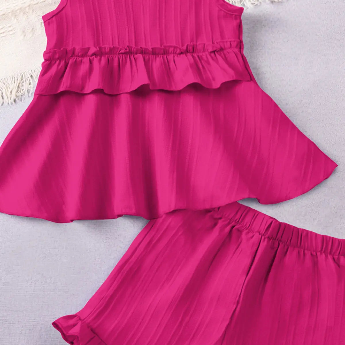 Girls Fuchsia Stripes Sleeveless Top With Ruffle Hem Shorts Co-ord Sets Sets