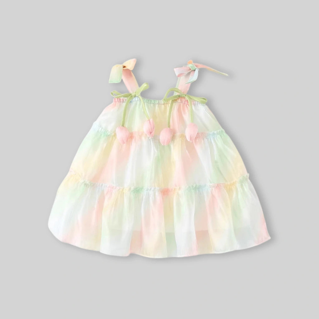 Girls Green Sleeveless Tiered Dress With Bow Details Casual Dresses