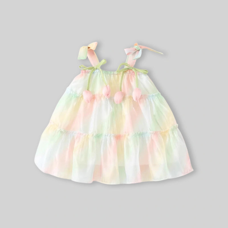 Girls Green Sleeveless Tiered Dress With Bow Details Casual Dresses
