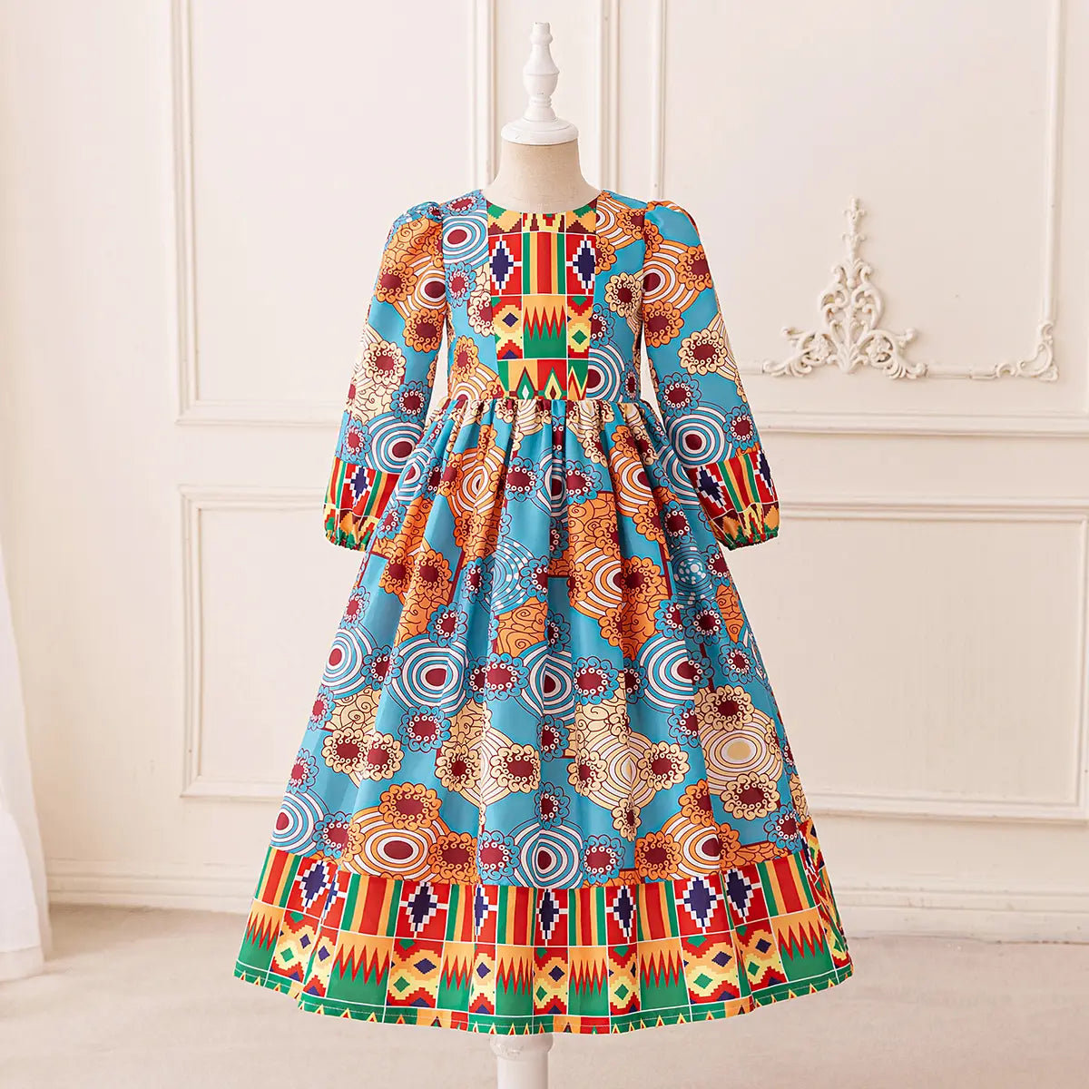 Girls Light Blue Floral Fit & Flare Dress With Long Sleeves Casual Dresses Light Blue 3-4 Y