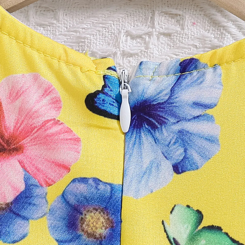 Girls Yellow Floral Fit & Flare Dress With Flutter Sleeves Casual Dresses