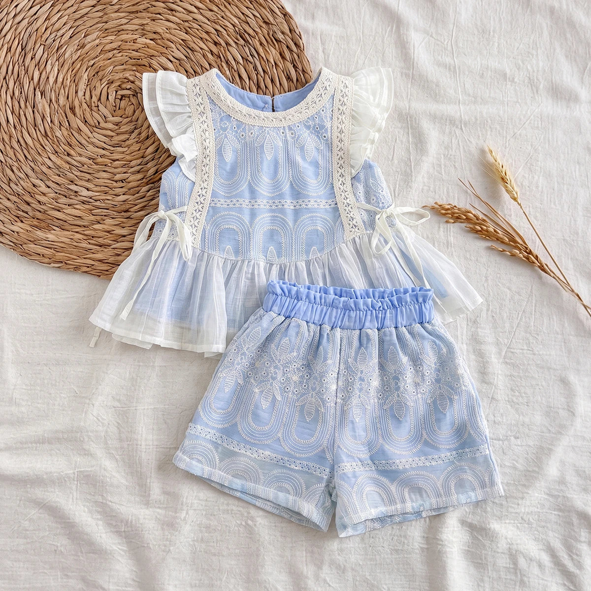 Girls Light Blue Flutter Sleeve Self-Design Top With Shorts Sets 2 pc. Sets Light Blue 1-2 Y