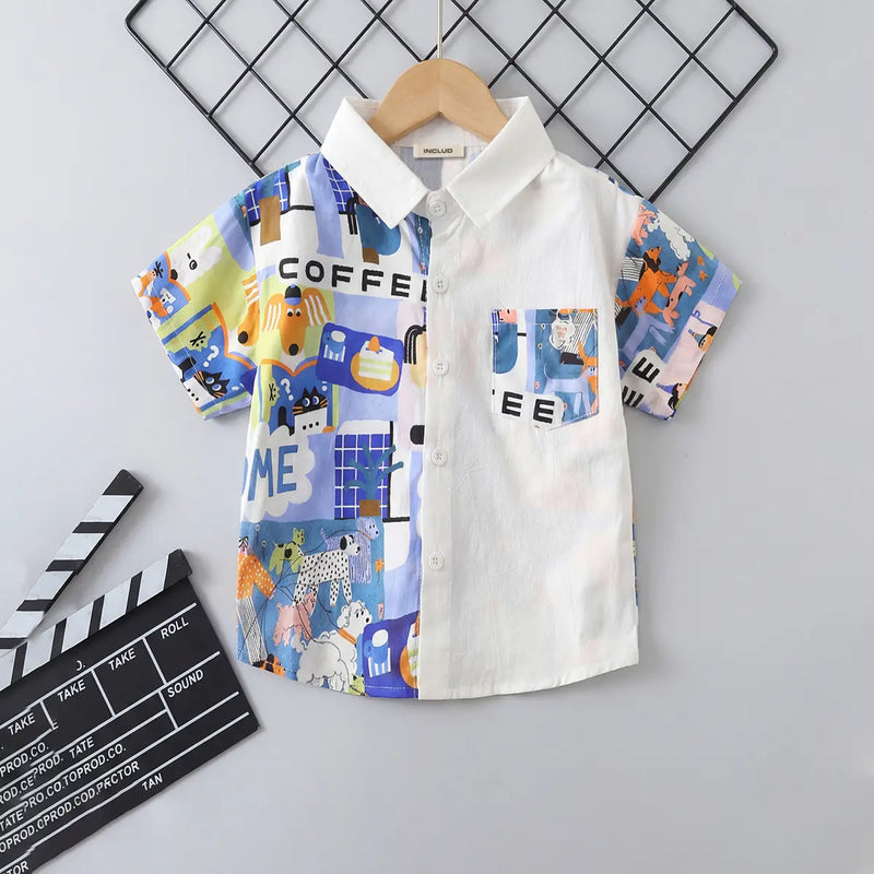 Boys White Printed Short Sleeves Button-down Shirt Shirts White 1-2 Y