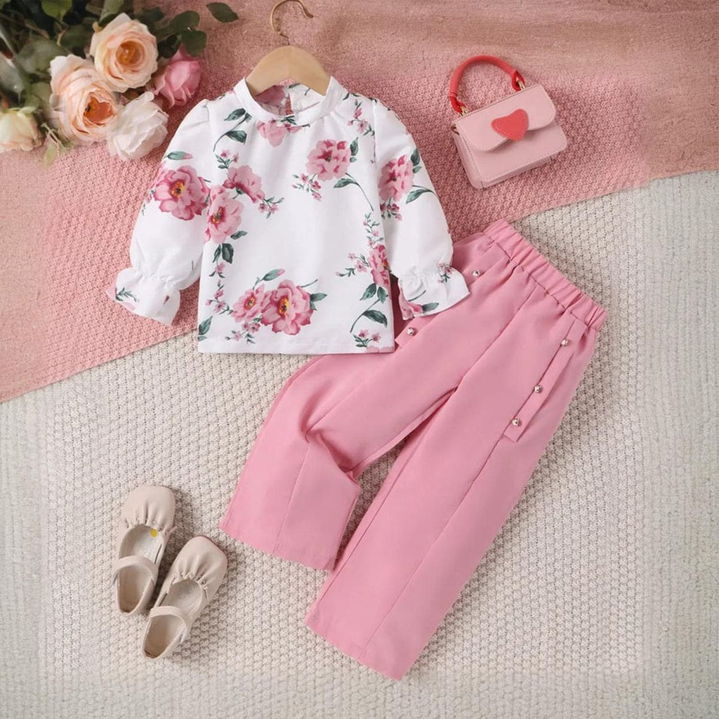 Girls Floral Print Top With Elasticated Pants Set