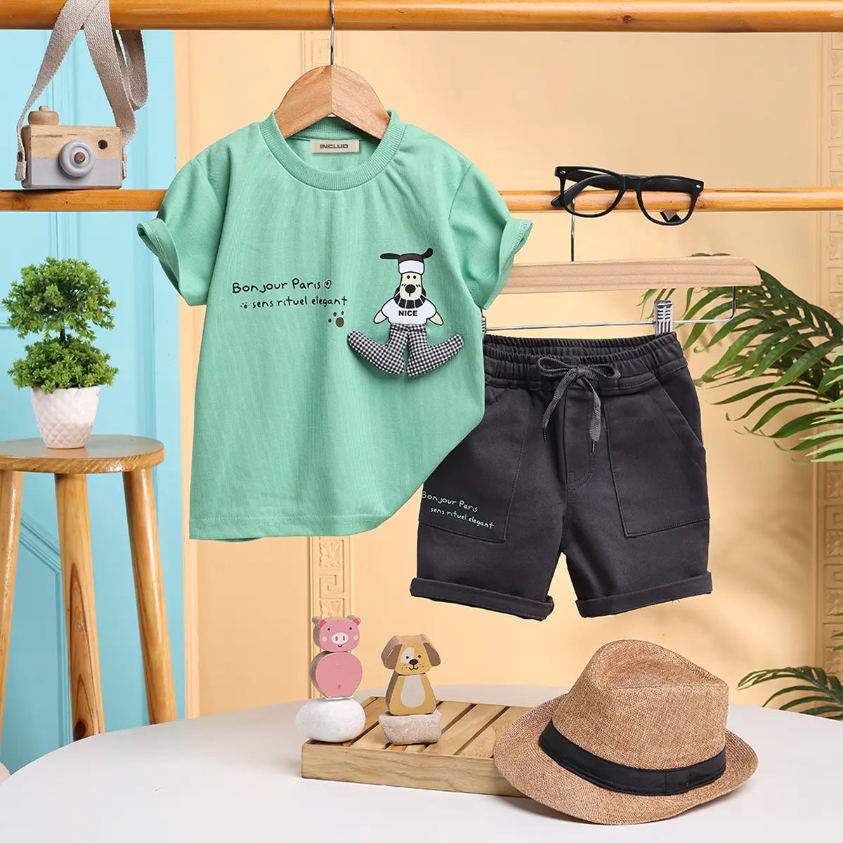 Boys Green Cartoon Characters Printed T-Shirt With Twill Shorts Sets 2 pc. Sets Green 0-3 M