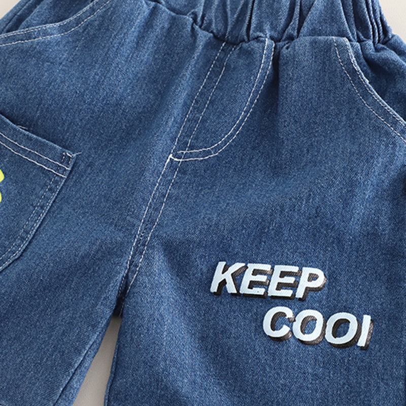 Boys Red Excavator Printed T-Shirt With Denim Shorts Set 2 pc. Sets