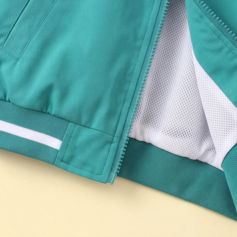 Boys Green Printed Front Open Varsity Bomber Jacket Coats & Jackets