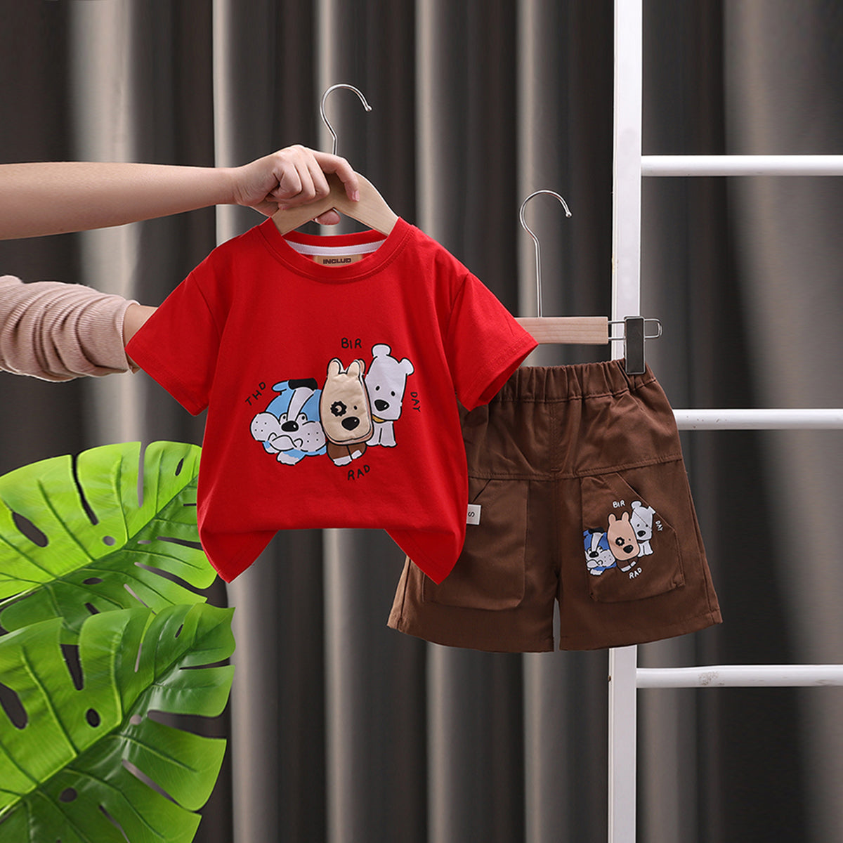 Boys Red Cartoon Printed Short Sleeves T-shirt With Shorts Set 2 pc. Sets Red 1-2 Y