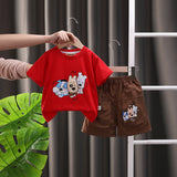 Boys Red Cartoon Printed Short Sleeves T-shirt With Shorts Set